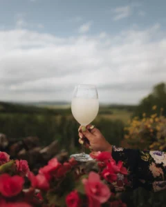 hand holding glass of wine in front of a field of flowers on a sunny day